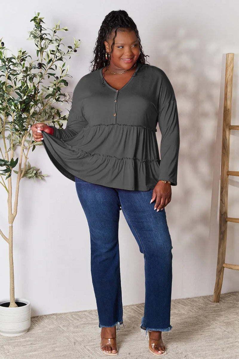 Double Take Half Button Long Sleeve Ruffle Hem Blouse - Love Salve